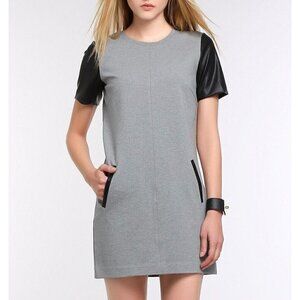Club Monaco Sz 2 Black Genuine Leather Sleeve Heather Gray Ponte Knit Dress